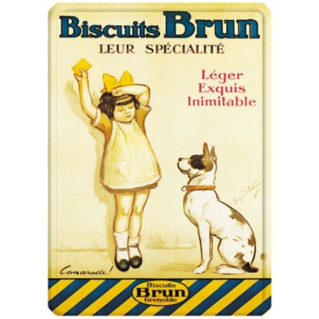 Plaque métal - Fille et chien - Biscuits Brun