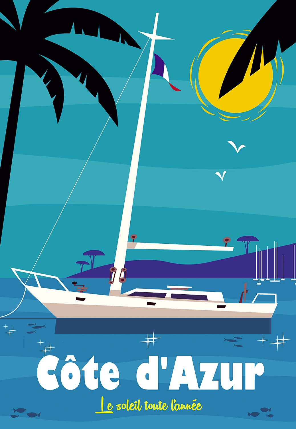 Affiche 50x70 - Bateau sur la Méditerranée - Côte dAzur | Boutique Clouet