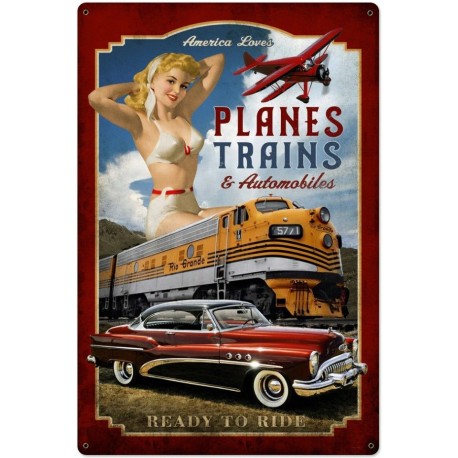 Plaque métal - Planes Trains and Automobiles - 20x30 en relief