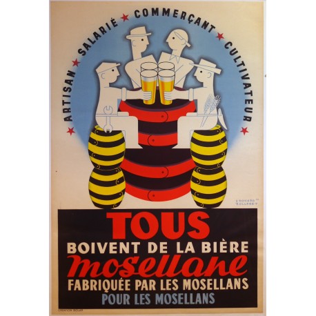 Aff. 80x118cm - Bière Mosellane Tous boivent de la bière (Un tonneau rouge)