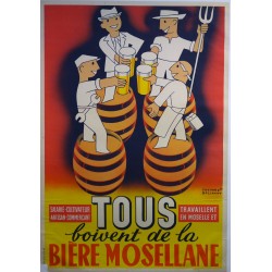 Aff. 79x117cm - Bière Mosellane Tous boivent de la Bière (Quatre tonneaux orange)