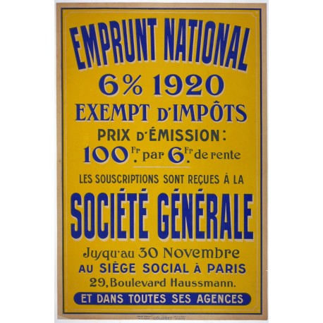 Aff. 78x117cm - Emprunt National 6% Exempt d'impôts Société Générale