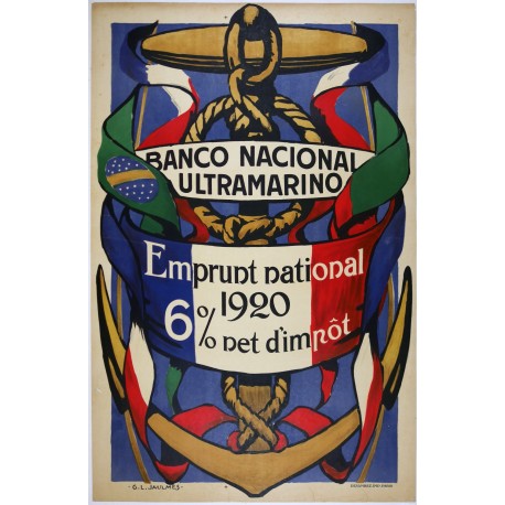 Aff. 77x117cm - Banco National Ultra Marino 1920 Emprunt National 6% Net d'impôts