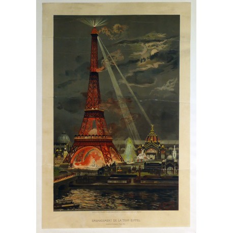 Aff. 40x60cm - Embrasement de la Tour Eiffel Exposition Universelle Paris 1889 Reproduction par MONROCQ