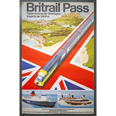 Aff. 62x100cm - Britrail Pass Toute la Grande Bretagne à partir de 360Frs