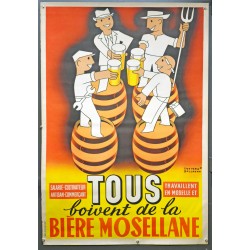 Aff. 80x120cm - Bière Mosellane Tous boivent de la Bière (Quatre tonneaux orange)