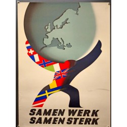 Aff. 55x75cm - Samen Werk Samen Sterk Personnage Drapeaux portant Europe