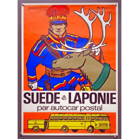 Aff. 50x70cm - Suède Laponie Par Autocar Postal Renne