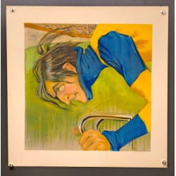Aff. 52x52cm - Portrait Cycliste Maillot Jaune Etat A