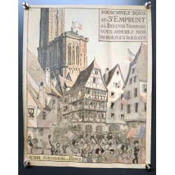 Aff. 28x35cm - Hansi 3eme emprunt de la Defense Nationale Rendre Strasbourg à la France
