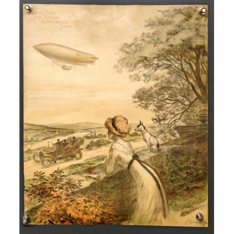 Aff. 32x36cm - Reproduction Georges Redon 1909 Dirigeable Menu du Café de Paris Armenonville