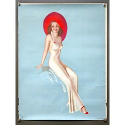 Aff. 40x52cm - Pin Up Chapeau Rouge Robe Blanche Transparente