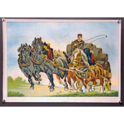 Aff. 48x34cm - Attelage au Galop Transport Tonneaux Vin LM