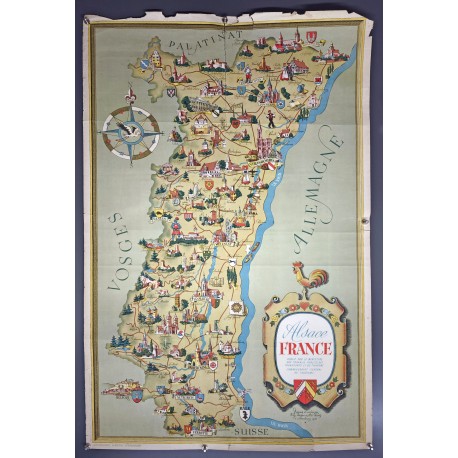 Aff. 64x102cm - Carte Touristique Alsace France 1948