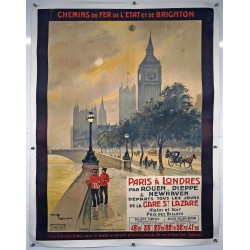 Aff. 81x110cm - Londres Chemins de fer de l'Etat et de Brighton Paris à Londres par Rouen et Dieppe