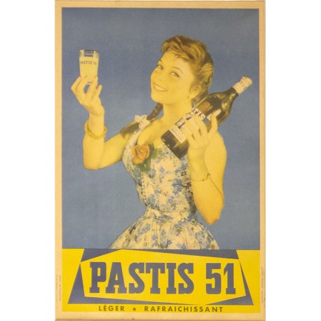 Aff. 40x59cm - Pastis 51 Léger et Rafraichissant Femme qui présente le verre