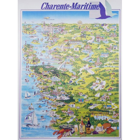 Aff. 58x77cm - Carte Touristique Charente Maritime (Mouettes)