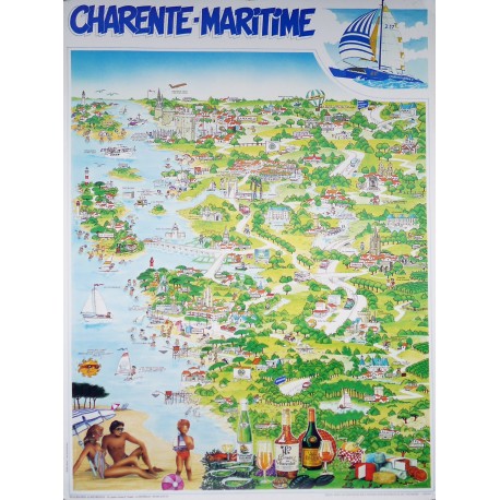 Aff. 60x80cm - Carte Touristique Charente Maritime (Voilier)
