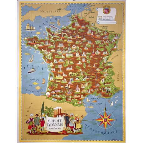 Aff. 74x104cm - Carte de France Crédit Lyonnais