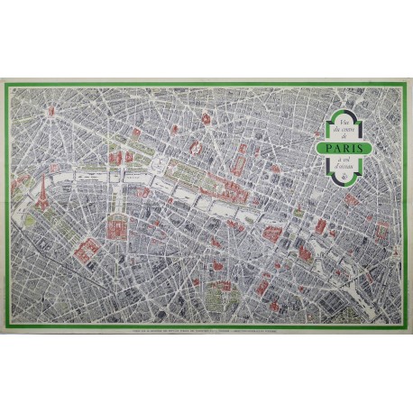 Aff. 111x70cm - Paris Carte du Centre de Paris à Vol d'Oiseau en 1954